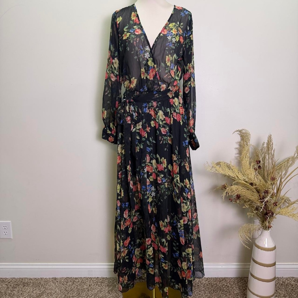 Spy Zone Exchange L Black Floral Chiffon Long Sleeve Faux Wrap Maxi Dress